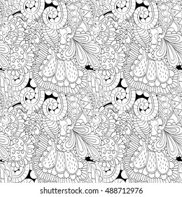 Tracery seamless calming pattern. Mehndi design. Ethnic monochrome binary doodle texture. Curved doodling black and white background. Vector.