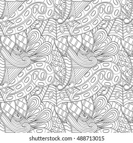 Tracery seamless calming pattern. Mehndi design. Ethnic monochrome binary doodle texture. Curved doodling black and white background. Vector.