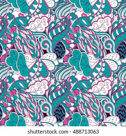 Tracery seamless calming pattern. Mehndi design. Ethnic colorful doodle texture. Curved doodling background. Vector.