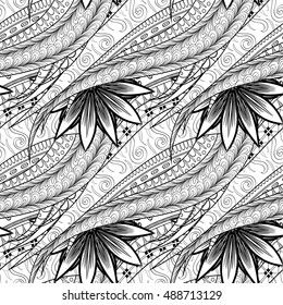 Tracery seamless calming pattern. Mehndi design. Ethnic monochrome binary doodle texture. Curved doodling black and white background. Vector.