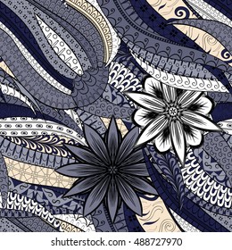 Tracery seamless calming pattern. Mehndi design. Ethnic colorful doodle texture. Curved doodling background. Vector.