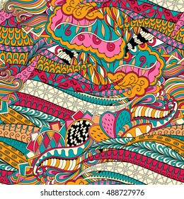 Tracery seamless calming pattern. Mehndi design. Ethnic colorful doodle texture. Curved doodling background. Vector.