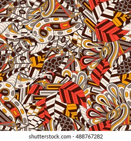 Tracery seamless calming pattern. Mehndi design. Ethnic colorful doodle texture. Curved doodling background. Vector.