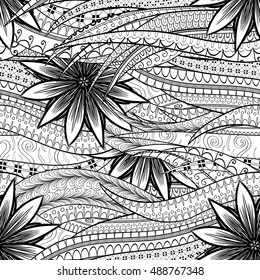 Tracery seamless calming pattern. Mehndi design. Ethnic monochrome binary doodle texture. Curved doodling black and white background. Vector.