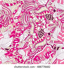 Tracery seamless calming pattern. Mehndi design. Ethnic colorful doodle texture. Curved doodling background. Vector.