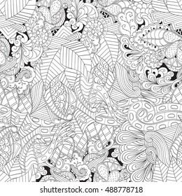 Tracery seamless calming pattern. Mehndi design. Ethnic monochrome binary doodle texture. Curved doodling black and white background. Vector.