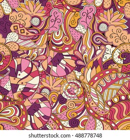Tracery seamless calming pattern. Mehndi design. Ethnic colorful doodle texture. Curved doodling background. Vector.