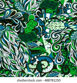 Tracery seamless calming pattern. Mehndi design. Ethnic colorful doodle texture. Curved doodling background. Vector.