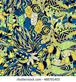 Tracery seamless calming pattern. Mehndi design. Ethnic colorful doodle texture. Curved doodling background. Vector.