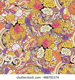 Tracery seamless calming pattern. Mehndi design. Ethnic colorful doodle texture. Curved doodling background. Vector.