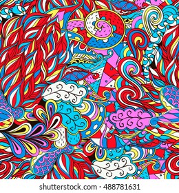 Tracery seamless calming pattern. Mehndi design. Ethnic colorful doodle texture. Curved doodling background. Vector.