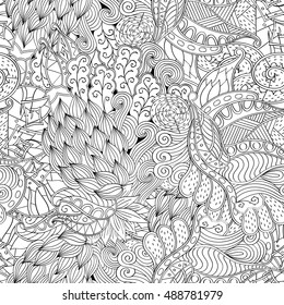 Tracery seamless calming pattern. Mehndi design. Ethnic monochrome binary doodle texture. Curved doodling black and white background. Vector.