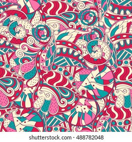 Tracery seamless calming pattern. Mehndi design. Ethnic colorful doodle texture. Curved doodling background. Vector.