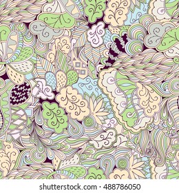 Tracery seamless calming pattern. Mehndi design. Ethnic colorful doodle texture. Curved doodling background. Vector.