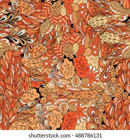 Tracery seamless calming pattern. Mehndi design. Ethnic colorful doodle texture. Curved doodling background. Vector.