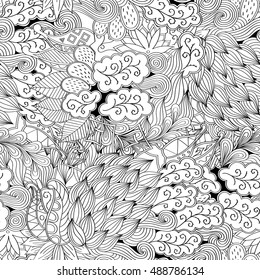 Tracery seamless calming pattern. Mehndi design. Ethnic monochrome binary doodle texture. Curved doodling black and white background. Vector.