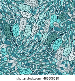 Tracery seamless calming pattern. Mehndi design. Ethnic colorful doodle texture. Curved doodling background. Vector.