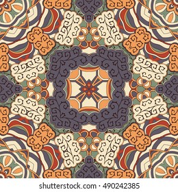 Tracery seamless calming pattern. Mehndi design. Ethnic colorful doodle texture. Curved doodling background. Vector.