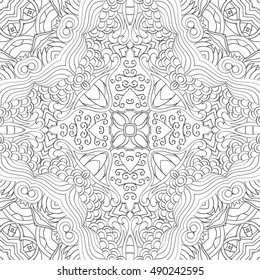 Tracery seamless calming pattern. Mehndi design. Ethnic monochrome binary doodle texture. Curved doodling black and white background. Vector.