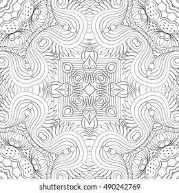 Tracery seamless calming pattern. Mehndi design. Ethnic monochrome binary doodle texture. Curved doodling black and white background. Vector.
