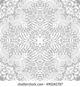Tracery seamless calming pattern. Mehndi design. Ethnic monochrome binary doodle texture. Curved doodling black and white background. Vector.
