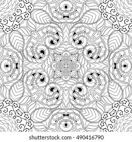 Tracery seamless calming pattern. Mehndi design. Ethnic monochrome binary doodle texture. Curved doodling black and white background. Vector.