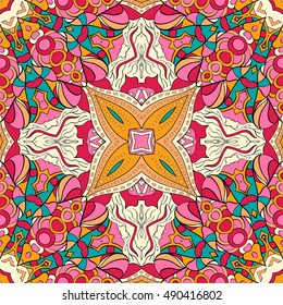 Tracery seamless calming pattern. Mehndi design. Ethnic colorful doodle texture. Curved doodling background. Vector.