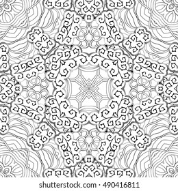 Tracery seamless calming pattern. Mehndi design. Ethnic monochrome binary doodle texture. Curved doodling black and white background. Vector.