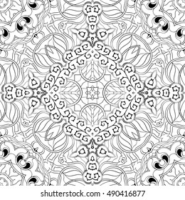 Tracery seamless calming pattern. Mehndi design. Ethnic monochrome binary doodle texture. Curved doodling black and white background. Vector.