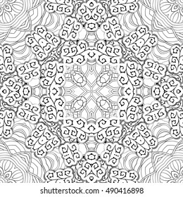 Tracery seamless calming pattern. Mehndi design. Ethnic monochrome binary doodle texture. Curved doodling black and white background. Vector.