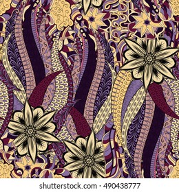 Tracery seamless calming pattern. Mehndi design. Ethnic colorful doodle texture. Curved doodling background. Vector.