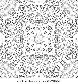 Tracery seamless calming pattern. Mehndi design. Ethnic monochrome binary doodle texture. Curved doodling black and white background. Vector.