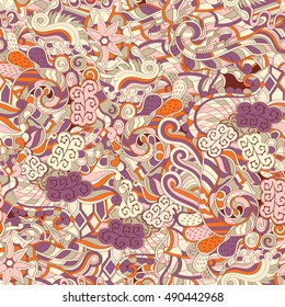Tracery seamless calming pattern. Mehndi design. Ethnic colorful doodle texture. Curved doodling background. Vector.