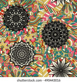 Tracery seamless calming pattern. Mehndi design. Ethnic colorful doodle texture. Curved doodling background. Vector.