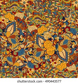 Tracery seamless calming pattern. Mehndi design. Ethnic colorful doodle texture. Curved doodling background. Vector.