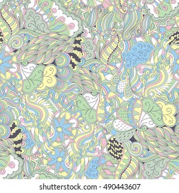 Tracery seamless calming pattern. Mehndi design. Ethnic colorful doodle texture. Curved doodling background. Vector.