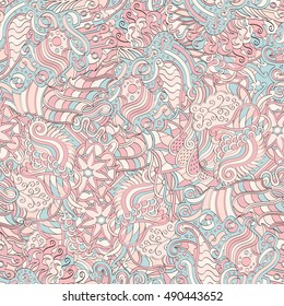 Tracery seamless calming pattern. Mehndi design. Ethnic colorful doodle texture. Curved doodling background. Vector.