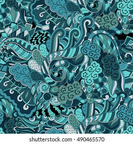 Tracery seamless calming pattern. Mehndi design. Ethnic colorful doodle texture. Curved doodling background. Vector.