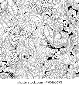 Tracery seamless calming pattern. Mehndi design. Ethnic monochrome binary doodle texture. Curved doodling black and white background. Vector.