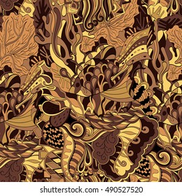 Tracery seamless calming pattern. Mehndi design. Ethnic colorful doodle texture. Curved doodling background. Vector.