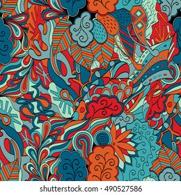 Tracery seamless calming pattern. Mehndi design. Ethnic colorful doodle texture. Curved doodling background. Vector.