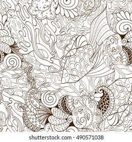 Tracery seamless calming pattern. Mehndi design. Ethnic monochrome binary doodle texture. Curved doodling background. Vector.