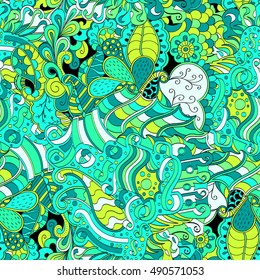 Tracery seamless calming pattern. Mehndi design. Ethnic colorful doodle texture. Curved doodling background. Vector.