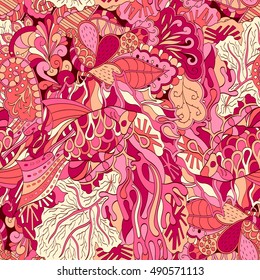 Tracery seamless calming pattern. Mehndi design. Ethnic colorful doodle texture. Curved doodling background. Vector.