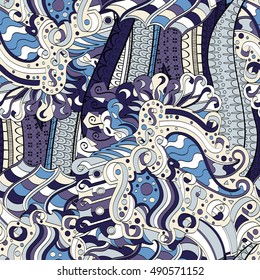 Tracery seamless calming pattern. Mehndi design. Ethnic colorful doodle texture. Curved doodling background. Vector.