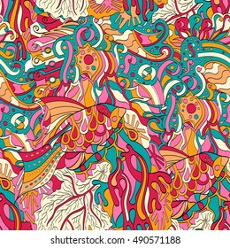 Tracery seamless calming pattern. Mehndi design. Ethnic colorful doodle texture. Curved doodling background. Vector.