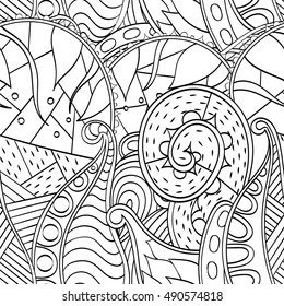 Tracery seamless calming pattern. Mehndi design. Ethnic monochrome binary doodle texture. Curved doodling black and white background. Vector.