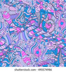 Tracery seamless calming pattern. Mehndi design. Ethnic colorful doodle texture. Curved doodling background. Vector.