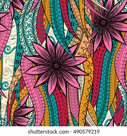 Tracery seamless calming pattern. Mehndi design. Ethnic colorful doodle texture. Curved doodling background. Vector.