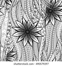 Tracery seamless calming pattern. Mehndi design. Ethnic monochrome binary doodle texture. Curved doodling black and white background. Vector.